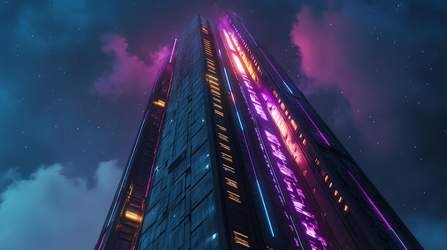 Photo a futuristic skyscraper illuminated with vibrant neon lights against a starry night sky