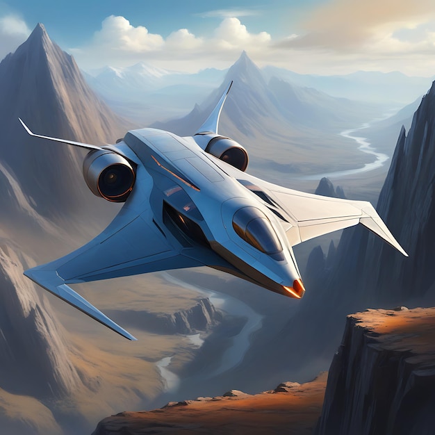 Photo a futuristic sleek aircraft with swept delta wings flying over rugged mountain terrain illustratio