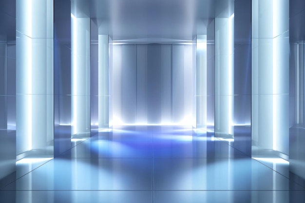 A futuristic sleek corridor with bluetinted illumination and reflective surfaces evoking a hightech ambiance