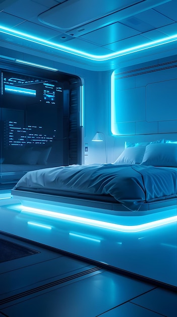 Photo futuristic smart bedroom with holographic controls and minimalist decor