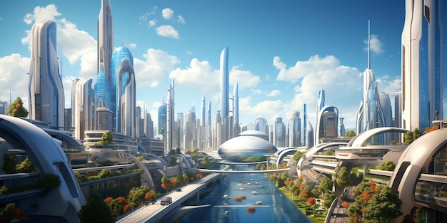 Futuristic smart city with skyscrapers and vegetation