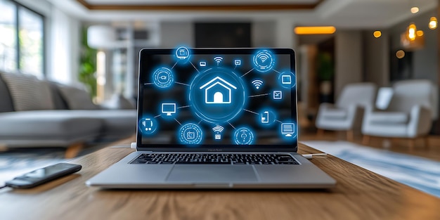 Photo futuristic smart home diverse connected devices and digital icons for seamless integration