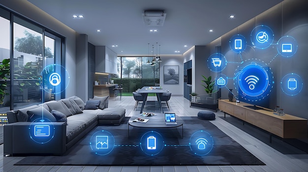 Futuristic Smart Home Diverse Connected Devices and Digital Icons for Seamless Integration