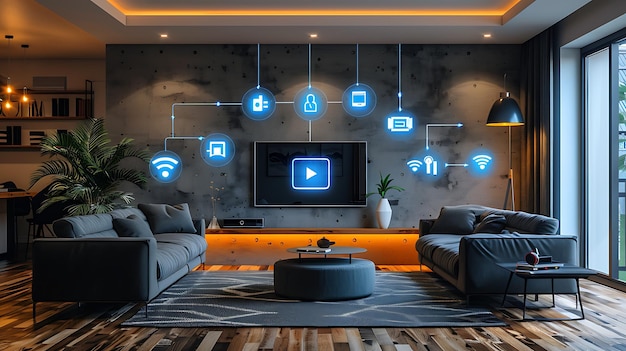 Futuristic Smart Home Diverse Connected Devices and Digital Icons for Seamless Integration