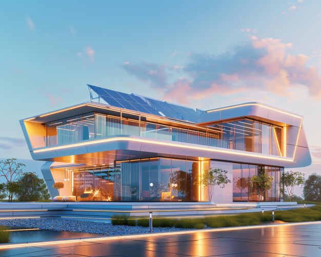 Futuristic smart home with solar panels for renewable energy in wide banner ai technology