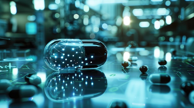 Futuristic Smart Pill with Digital Interface on Tech Surface