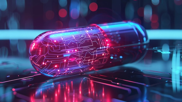 Futuristic Smart Pill with Digital Interface on Tech Surface