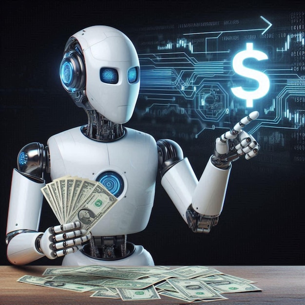 Photo futuristic smart robot holding paper money in hand with ai sign behind it