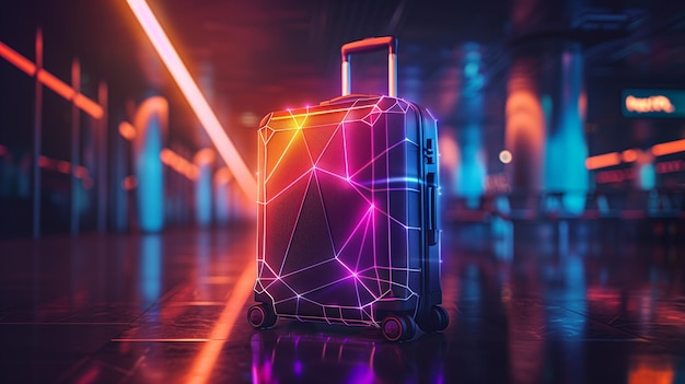 Photo futuristic smart suitcase with neon lights in a modern airport terminal