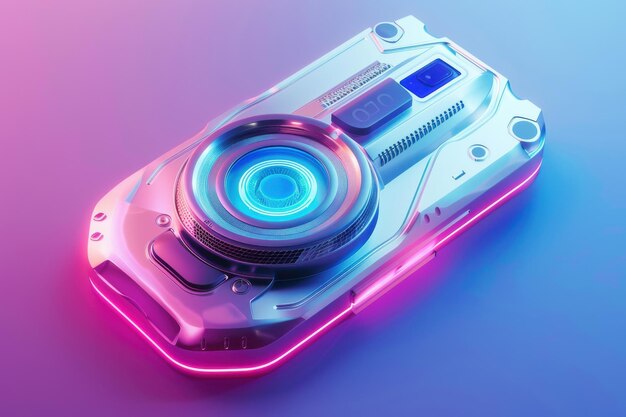 Photo futuristic smartphone with large camera lens and neon lights