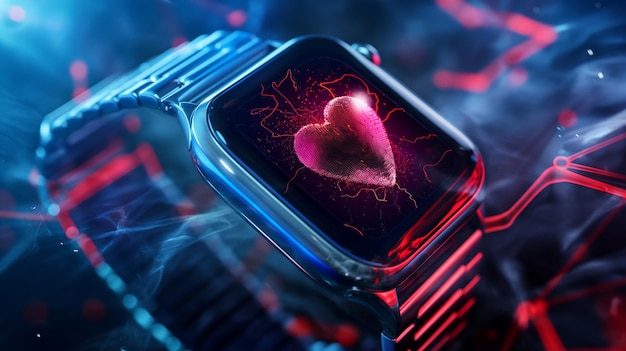 A futuristic smartwatch displays a glowing heart icon symbolizing advanced heart health monitoring t