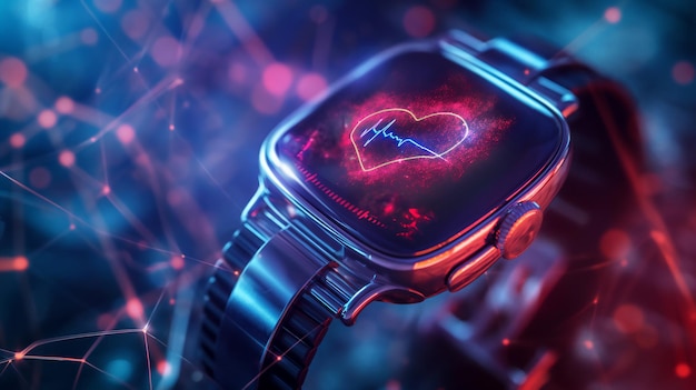 A futuristic smartwatch displays a glowing heart with an ECG line symbolizing health monitoring tech