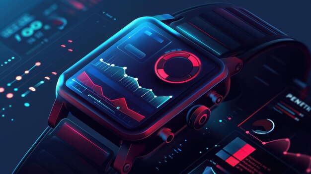 Photo futuristic smartwatch with digital interface displaying data analytics futuristic design glowing in neon blue and red elements