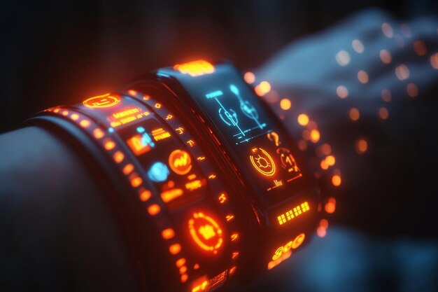 Photo futuristic smartwatch with orange and blue glowing interface