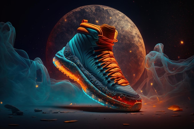 futuristic sneakers photography and a space in a background