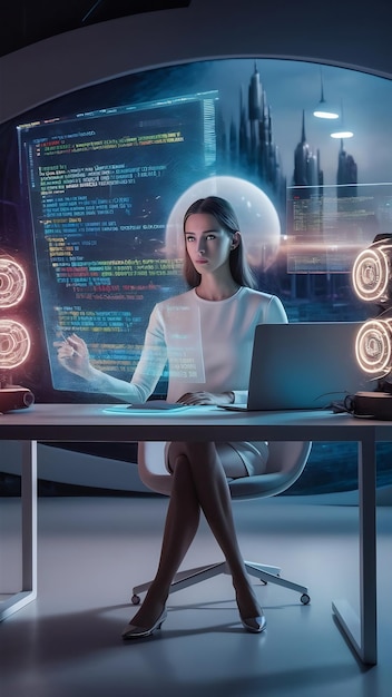 Futuristic software and hardware coding hologram attractive woman thinking about data analytics