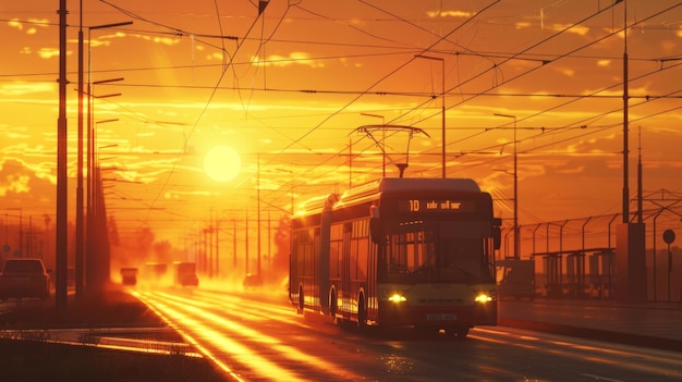 Futuristic SolarPowered Electric Bus Network at Golden Hour Innovative Public Transport Concept