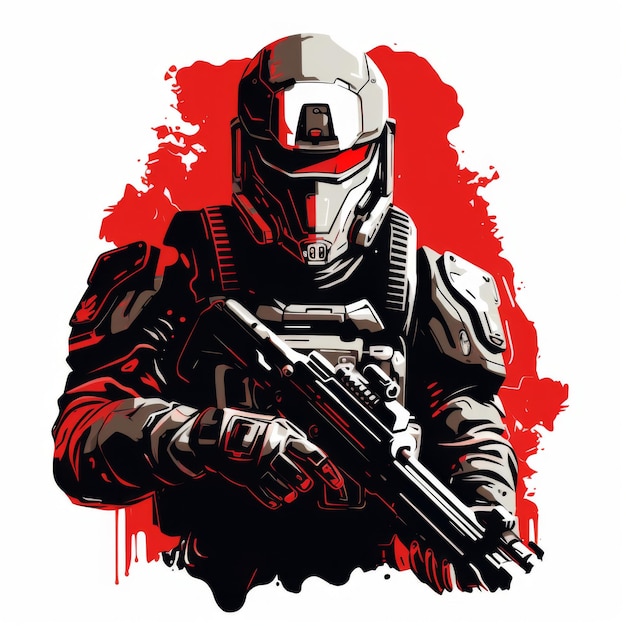 Futuristic soldier in advanced armor holding a hightech weapon against a red background Concept of science fiction gaming military war action cyberpunk