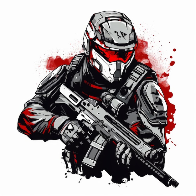 Futuristic soldier in advanced armor holding a rifle illustration of a space marine on a mission Concept of science fiction gaming and military technology