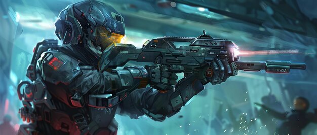 A futuristic soldier in battle armor holding an advanced weapon poised for action within a hightech environment