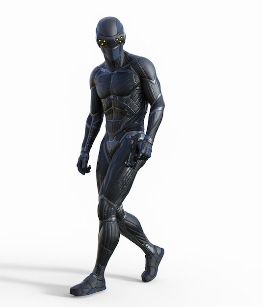 FUTURISTIC SOLDIER ON ISOLATED BACKGROUND CHARACTER 3D RENDER