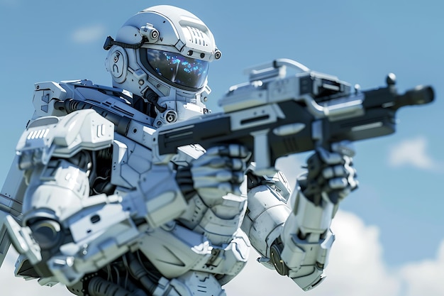 Photo futuristic soldier robot with weapon holding a gun in a futuristic combat suit