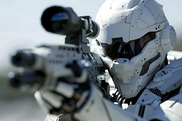 Photo futuristic soldier in white armor with sniper rifle