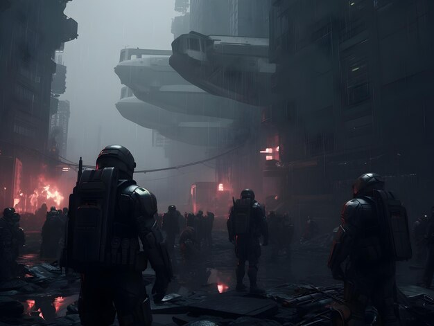 Photo futuristic soldiers prepare for an intense assault in a misty scifi battlefield