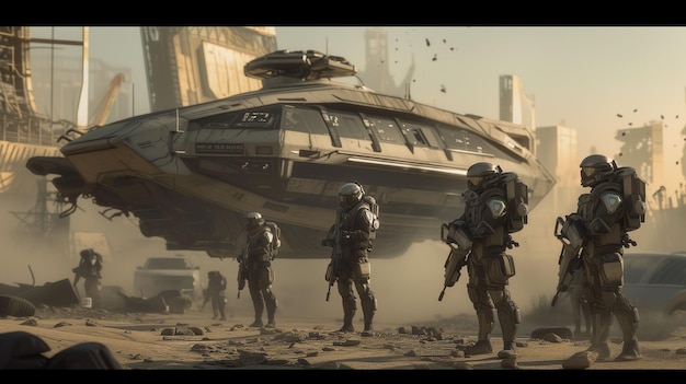 Futuristic Soldiers Standing Near Landing Craft in a Desolate Cityscape