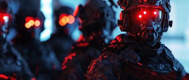 Futuristic soldiers with glowing red visors stand ready in dim atmospheric lighting