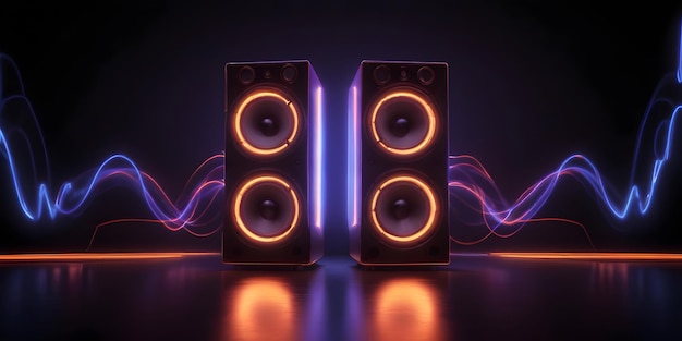 Futuristic Sound Waves Neon Glow and Speakers