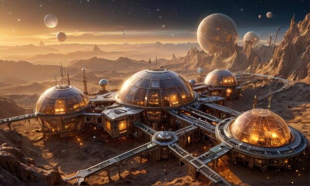 Photo futuristic space colony on alien planet