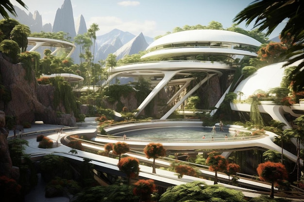 A futuristic space colony established on a terrafo