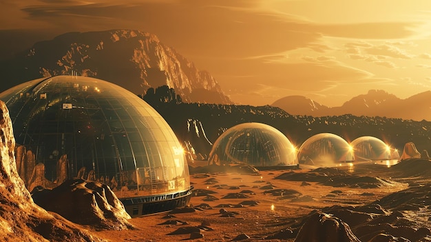 A futuristic space colony on Mars with domed structures surrounded by red sand and mountains