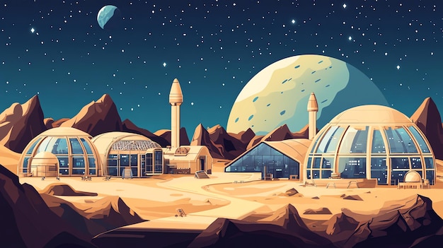 Photo a futuristic space colony with domed structures on a desert planet under a starry sky