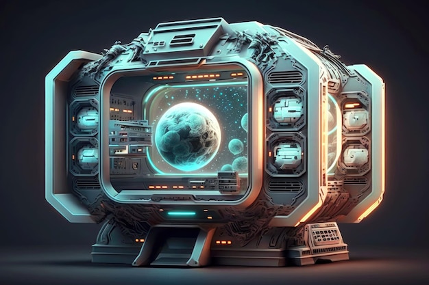 Futuristic space machine with screens and laser projectors of contemporary technology concept genera