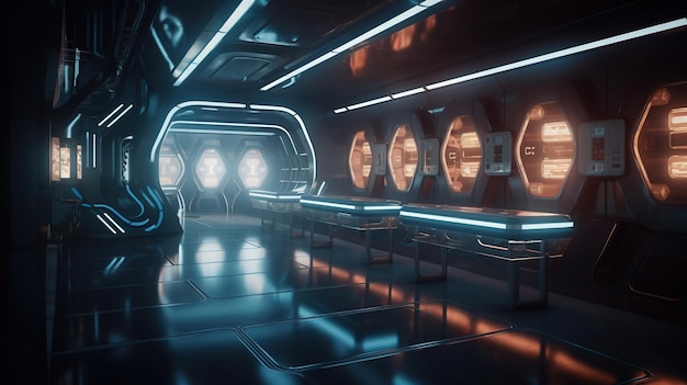 A futuristic space scene with a man sitting in a chair in front of a row of barrels with the words'space ship '