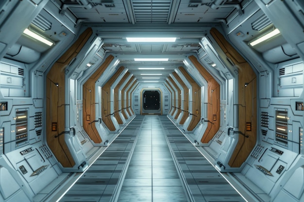 Futuristic Space Station Corridor Interior with Illuminated Panels and HighTech Design Elements