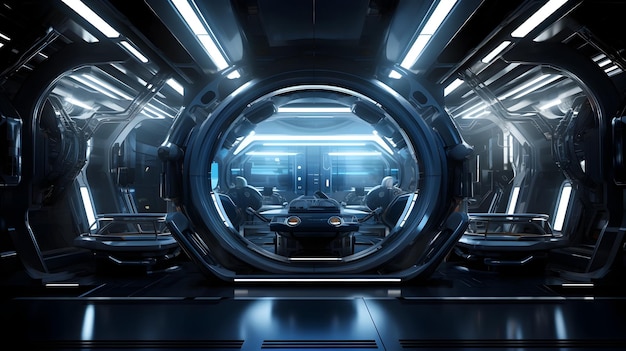 Futuristic Space Station Interior with Advanced Technological Equipment and Sleek Design