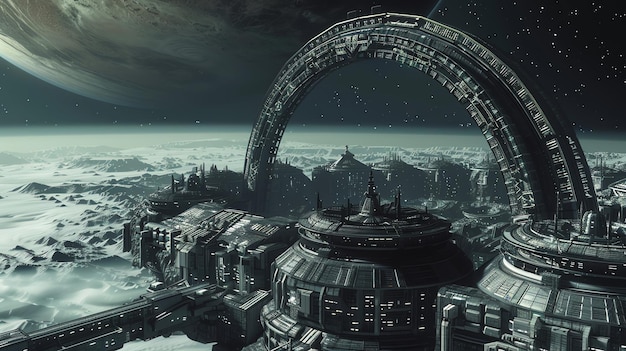 Futuristic space station orbiting a planet with a large metal arch and cityscape