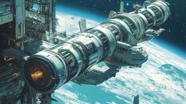 Futuristic space station orbiting a planet