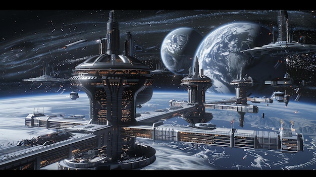 Futuristic space station orbiting a planet