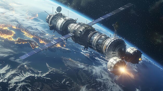 A futuristic space station orbits Earth with city lights gleaming below and a bright sunburst reflecting off the craft