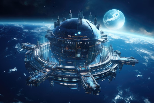 Futuristic space station in outer space 3D rendering A space station orbiting a planet with a digital wave advanced technology and holographic displays AI Generated