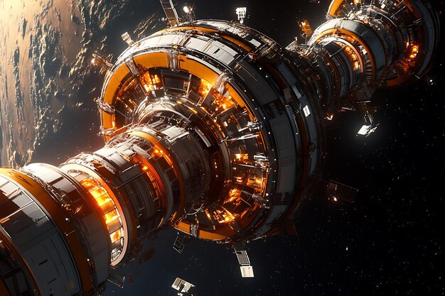 Photo a futuristic space station with glowing elements orbiting earth