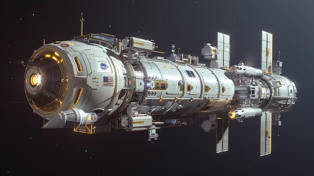 A futuristic space station with gold accents and a large round module