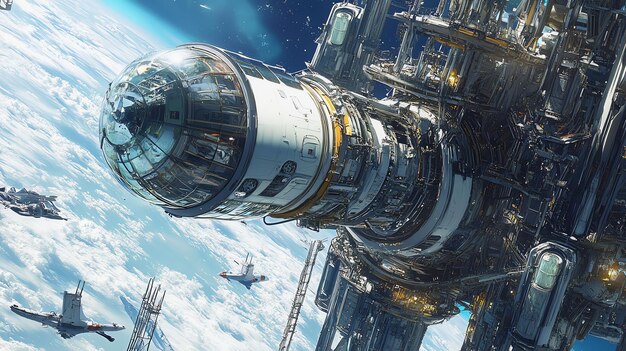 A futuristic space station with intricate details and multiple docking points orbits a blue planet