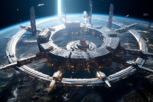 A futuristic space station with a large space station in the background.