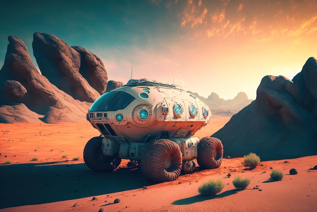 Futuristic space vehicle like Mars rover on alien planet surface generative AI