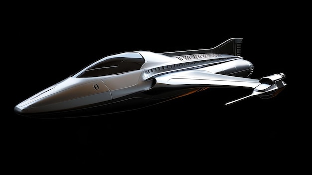 A futuristic spacecraft with a sleek design and silver finish against a black background